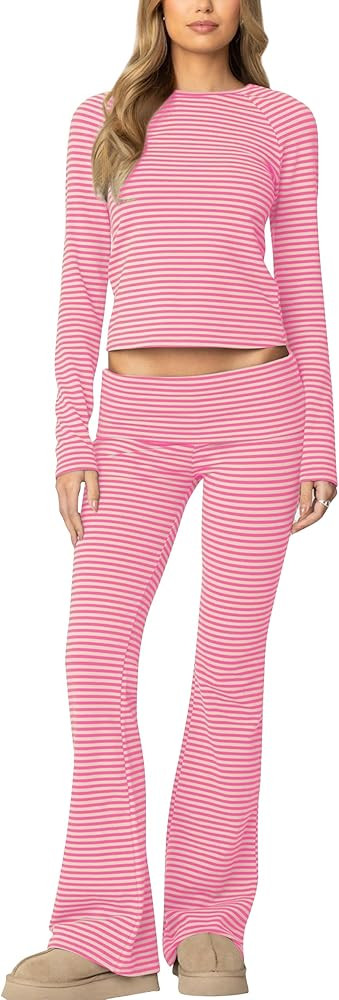 Two Piece Outfits for Women Striped Long Sleeve Lounge Set 2025 Trendy Pants Matching Sets Beach ... | Amazon (US)