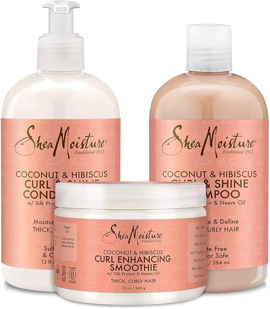 Shea Moisture Shampoo and Conditioner Set, Coconut and Hibiscus Curl & Shine 13-oz ea Bundled with Curl Enhancing Smoothie 12-oz. Curly Hair Products with Coconut Oil, Vitamin E & Neem Oil | Amazon (US)