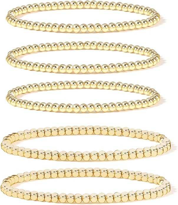 Gold Bead Bracelet for Women,14K Gold Plated Bead Ball Bracelet Stretchable Elastic Bracelet | Amazon (US)