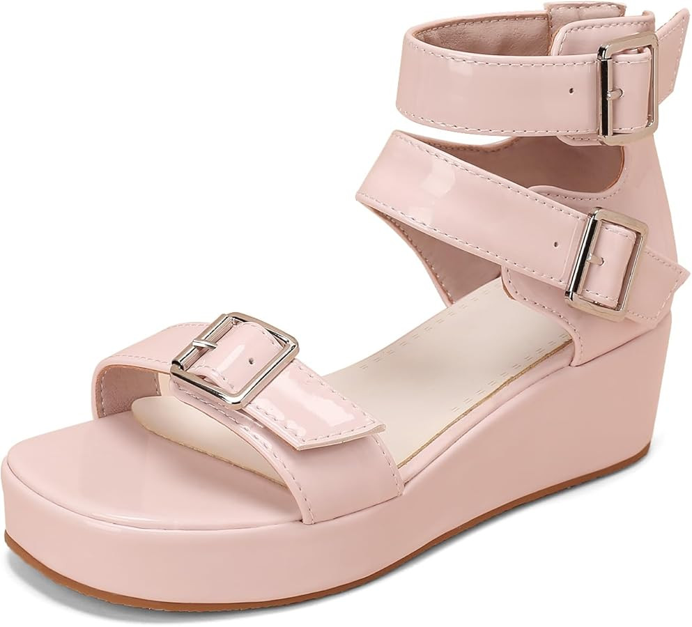 Women's Gothic Platform Wedge Pumps, Patent Leather Heels Punk Sandals with Triple Metal Buckle A... | Amazon (US)