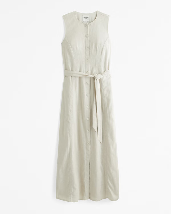 Linen-Blend Belted Midi Dress | Abercrombie & Fitch (US)