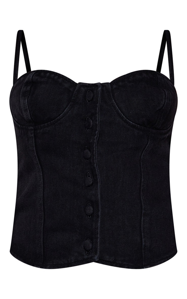 Washed Black Cup Detail Button Front Denim Corset Top | PrettyLittleThing UK