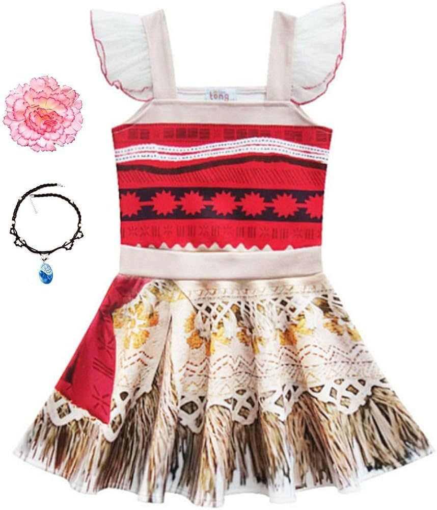 Marosoniy Little Girls Princess Dress for Moana Costume Outfit For Halloween With Necklace and Ha... | Amazon (US)