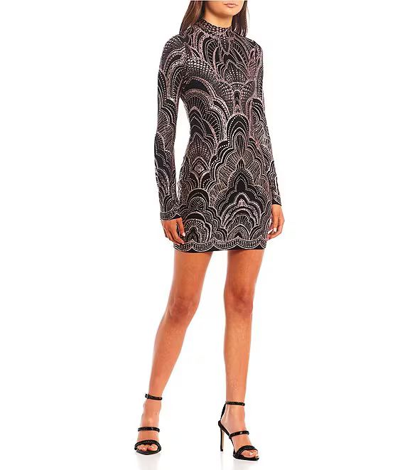 Long-Sleeve Mock Neck Open Back Art Deco Glitter Pattern Dress | Dillard's