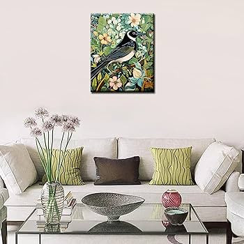 Black Bird with Green Floral Background Paint by Number Bold Plants DIY Painting on Canvas with B... | Amazon (US)