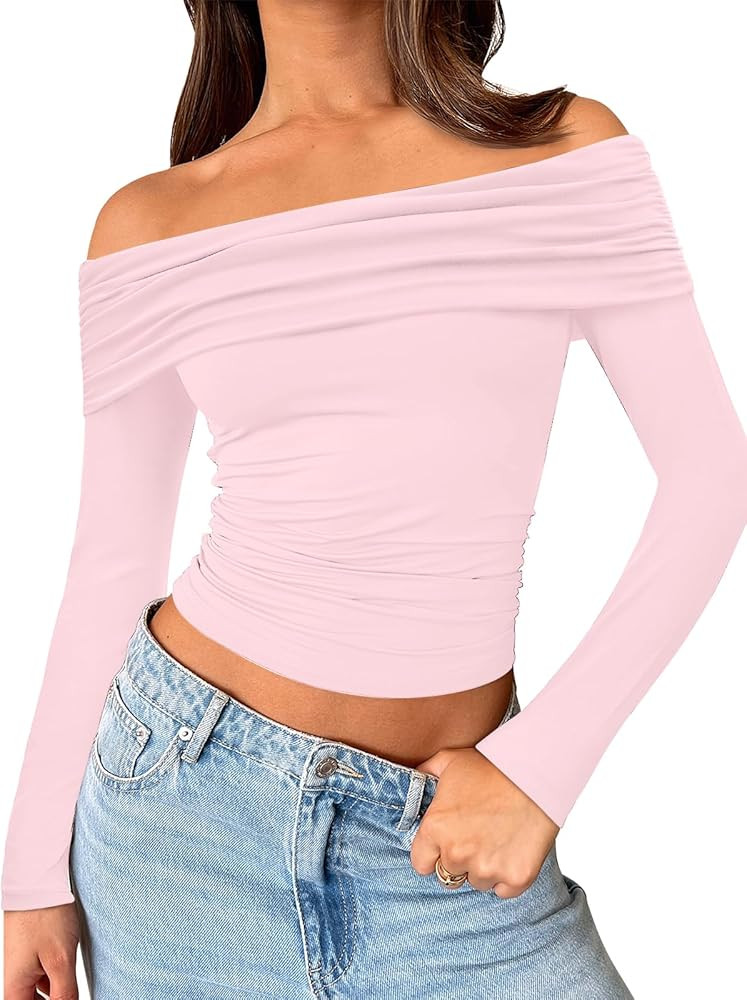 Trendy Queen Women Long Sleeve Shirts Off Shoulder Tops Going Out Crop Sexy Slim Fitted Y2K Fall ... | Amazon (US)
