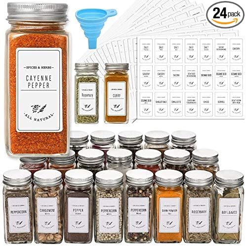 AOZITA 24 Pcs Glass Spice Jars with White Printed Spice Labels - 4oz Empty Square Spice Bottles -... | Amazon (US)