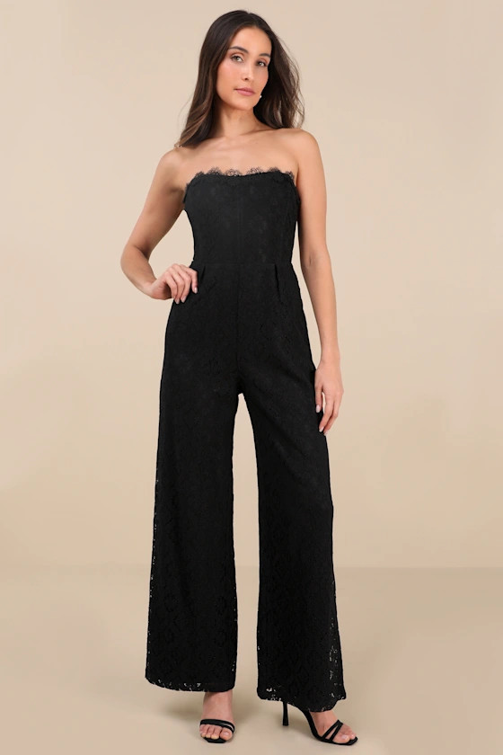 Intriguing Elegance Black Lace Strapless Jumpsuit | Lulus