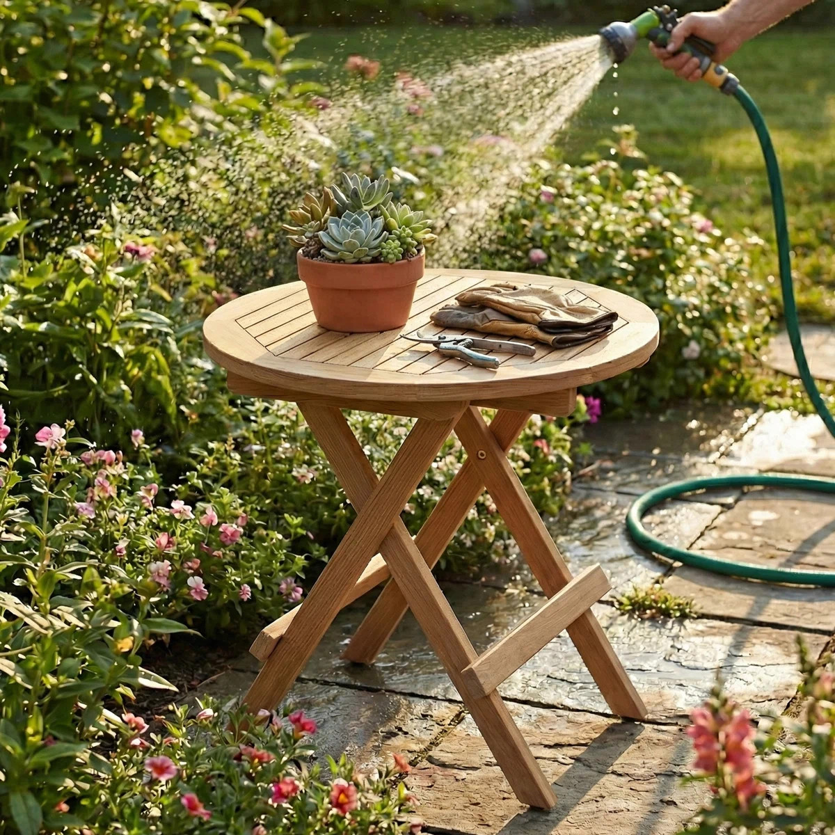 Teak Outdoor Round Folding Folding Side Table | Wayfair North America