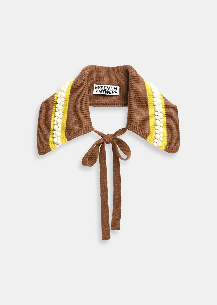 Brown and yellow striped bead-embellished knitted collar | Essentiel Antwerp United States | Essentiel Antwerp