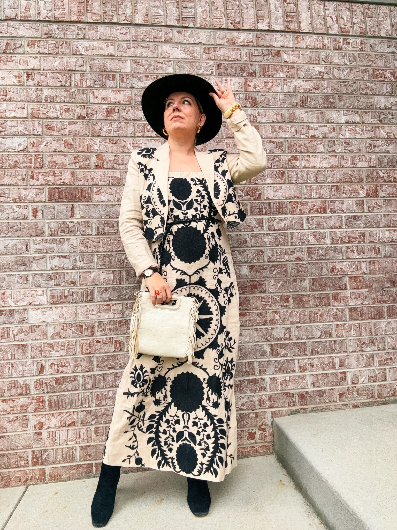 Hat - Hats and Roses (Etsy) linked
Dress/Jacket - L’Alx Dillards (linked)
Boots - Sam Edelman (linked)
Bag - Maje (current version linked)
Earrings - Givenchy Vintage (similar linked)
Bracelet - J Crew 
Watch - Tory Burch
Ring - Rocksbox

#LTKMidsize #LTKShoeCrush #LTKSeasonal
