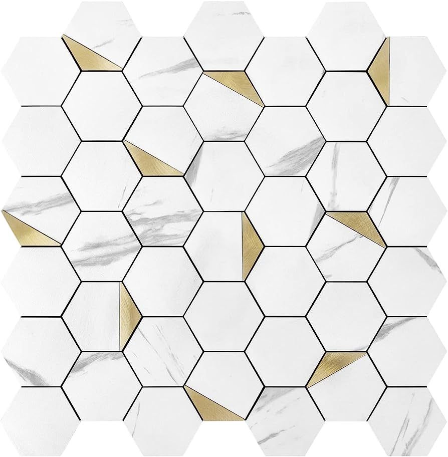 LONGKING 10-Sheet Peel and Stick Backsplash for Kitchen, White Marble Self-Adhesive Tile Hexagon ... | Amazon (US)