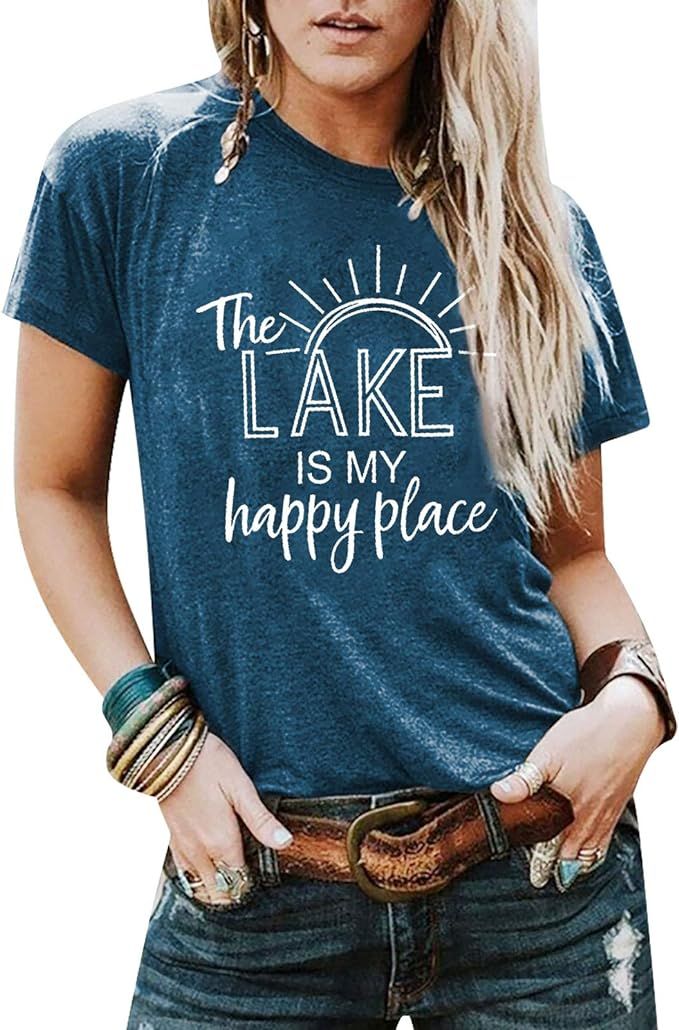 KIDDAD The Lake is My Happy Place Shirt Womens Lake Life T-Shirt Short Sleeve Summer Casual Tee T... | Amazon (US)