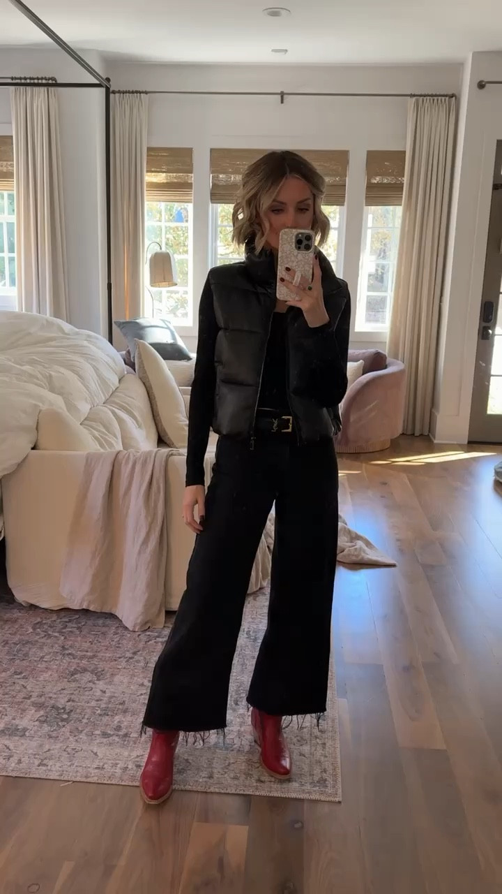Love this all black outfit! I can’t link my boots, but they are from Heirloom! Wearing S in long sleeve & 2 in jeans! 

Loverly Grey, game day outfit, wide leg jeans, all black outfit, puffer vest, long sleeve tee

#LTKSeasonal #LTKStyleTip