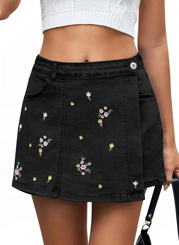 Sidefeel Womens Jean Skirts Floral Mini Embroidered Wrap Denim Skort | Amazon (US)