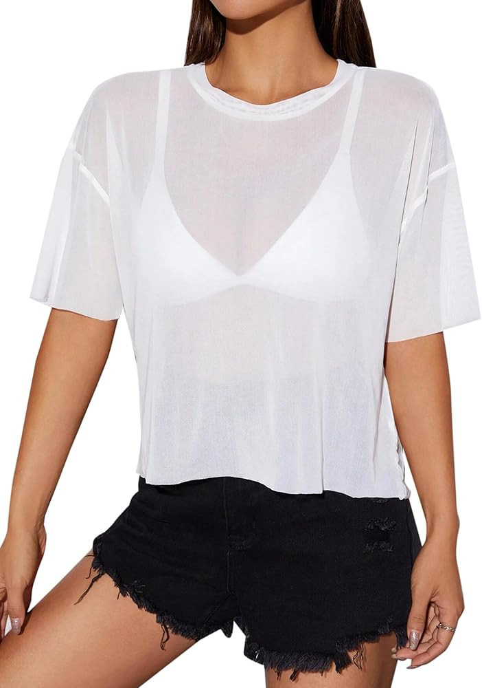 Remidoo Womens Sheer Mesh Tops Short Sleeve Crop Top Crewneck Loose T Shirt | Amazon (US)