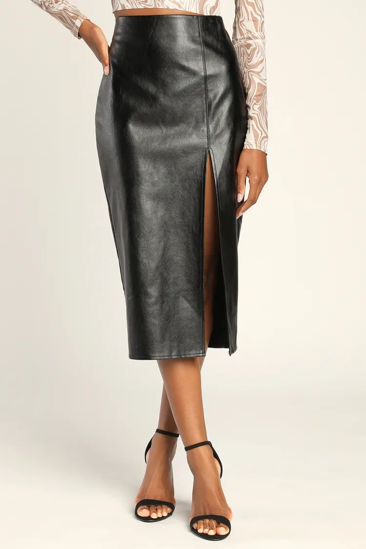 Irresistibly Fly Black Vegan Leather Midi Skirt | Lulus (US)