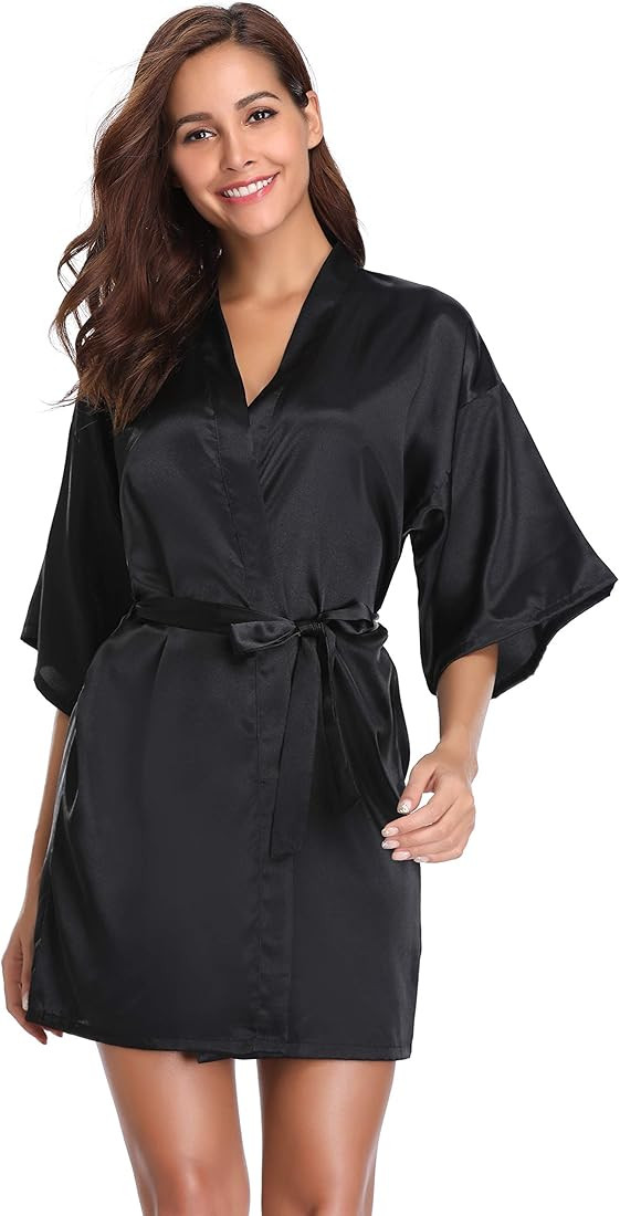 Vlazom Womens Kimono Robes Dressing Gown Satin Bathrobe Nightdress Short Style Bridal Robe | Amazon (US)
