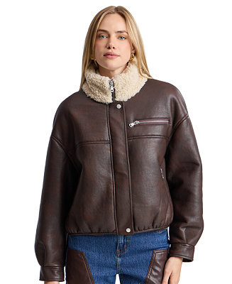 Women's Faux Shearling Oversized-Fit Bomber Jacket | Macy's