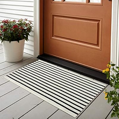Black Stripe Rug 2' x 3', KIMODE Farmhouse Cotton Woven Area Rug Layered Welcome Door Mat Doormat... | Amazon (US)
