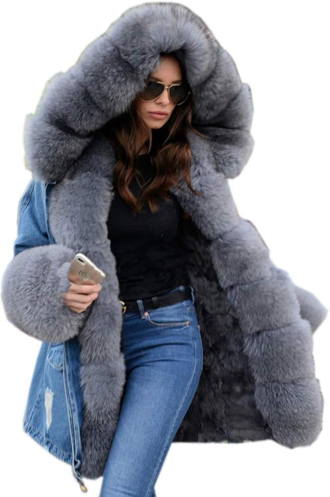 Aofur Plus Size Women's Long Hooded Parka Coat Warm Denim Winter Overcoat Faux Fur Collar Qulited... | Amazon (US)