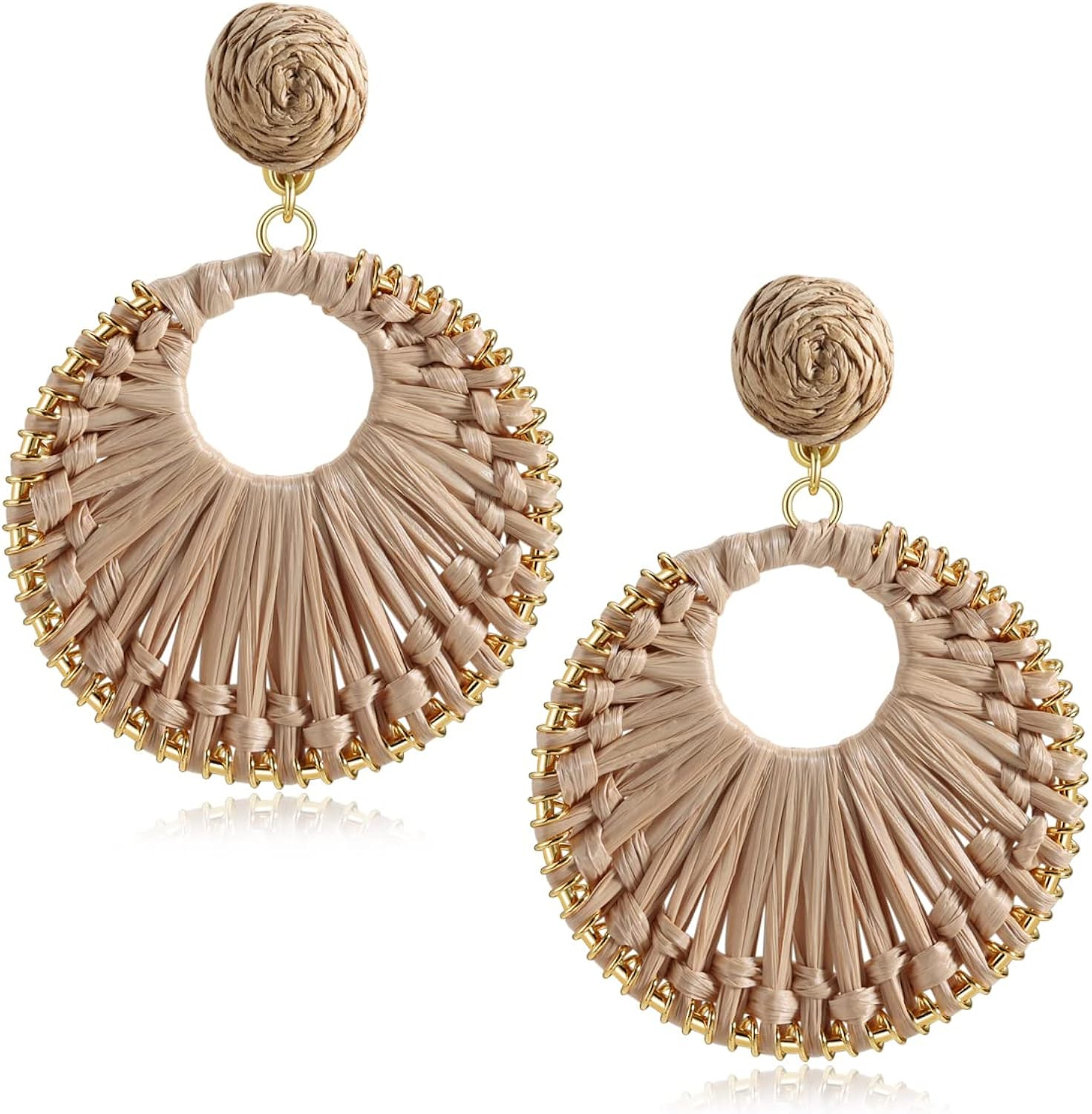 Statement Raffia Earrings for Women Girls - Boho Raffia Rattan Round Drop Earrings - Trendy Summer B | Amazon (US)