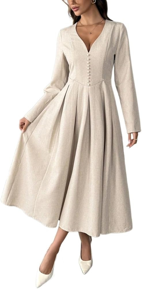 Women's Outfits V-Neck Button Half-Open Collar A-Line Pleated Dress Long Sleeve Sweater Dress | Amazon (US)