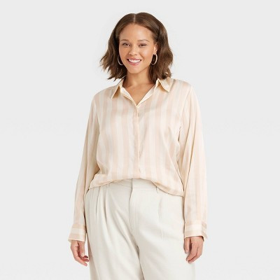 Women's Slim Fit Long Sleeve Satin Button-Down Shirt - A New Day™ Beige/White Striped 2X: Relaxed Fit, Below Hip | Target