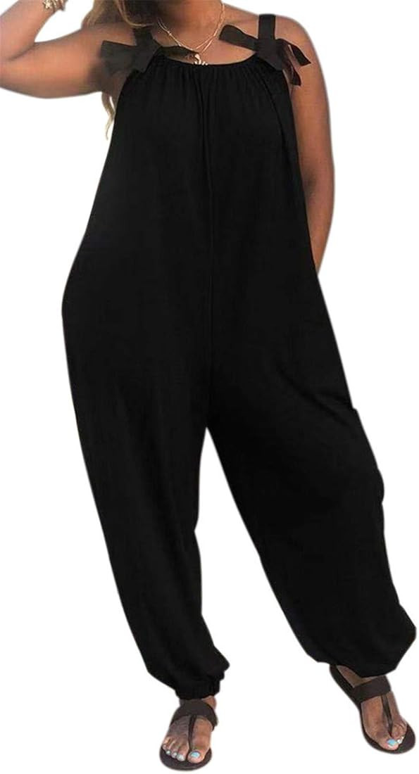 LAMISSCHE Wonens Plus Size Overalls Spaghetti Strap Baggy Romper Harem Wide Leg Jumpsuit With Poc... | Amazon (US)