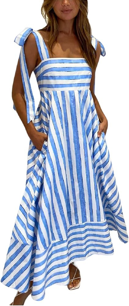 Women Striped Maxi Dress Smocked Backless Spaghetti Strap Long Flowy Dress Sleeveless Boho Aline ... | Amazon (US)