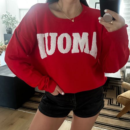 Women's Amour Graphic Sweater - Red wearing size medium. Women's High-Rise Curvy Rolled Cuff Denim Shorts - Wild Fable™ wearing size 6