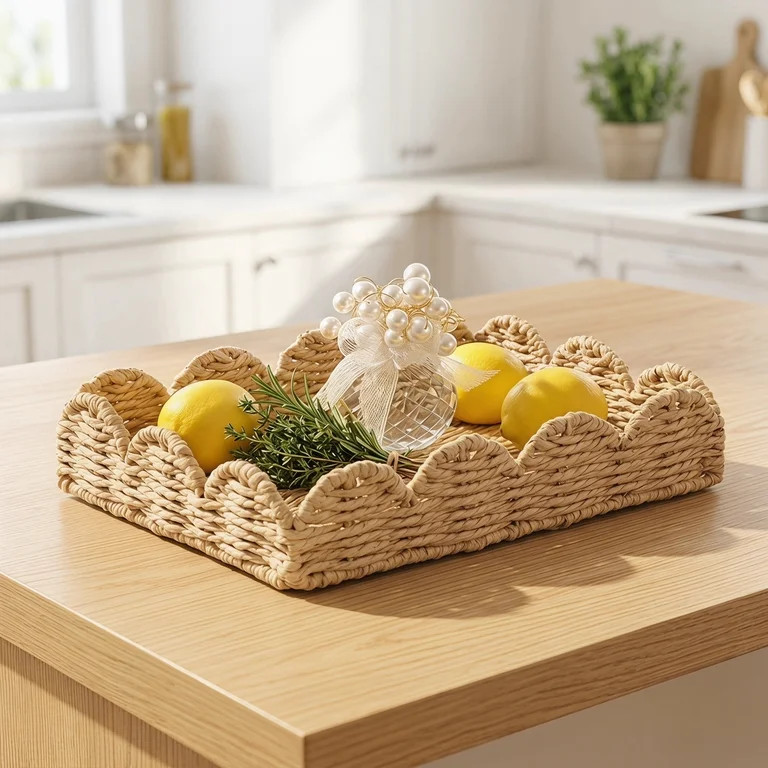 Scallop Edge Woven Tray - Handmade Boho Decorative Storage Tray for Tabletop, Bathroom, Kitchen O... | Walmart (US)