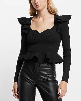 Ribbed Sweetheart Neckline Ruffle Peplum Sweater | Express