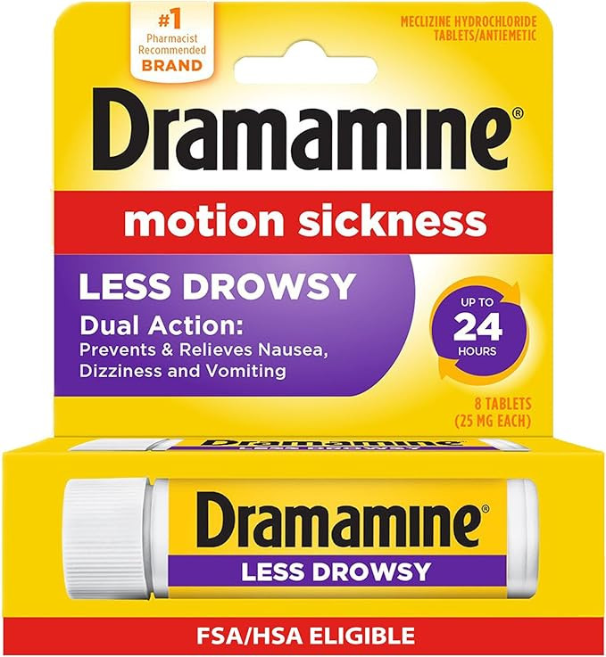 Dramamine Motion Sickness Less Drowsy, Travel Vial, Multicolor, 8 Count | Amazon (US)