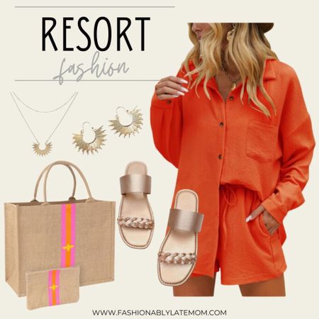 Resort fashion! 
Fashionablylatemom 
Two piece set
Sandals 
Bag 

#LTKshoecrush #LTKstyletip