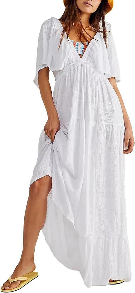 Shiyifa Women's Deep V Neck Tiered Dress Flutter Sleeve Elastic High Waist Flowy A Line Dresses | Amazon (US)