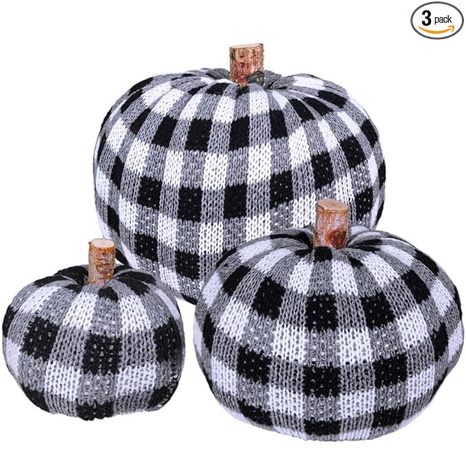 3 Pcs Assorted Crochet Pumpkins Plaid Pumpkins Gingham Buffalo Check Knit Pumpkins Fall Thanksgiv... | Amazon (US)