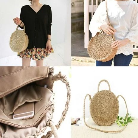 Women Straw Bag Retro Rattan Round Handbag Crossbody Bag Vintage Knitted Messenger Purse | Walmart (US)