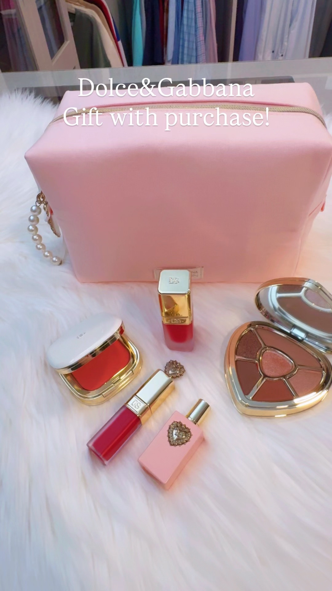 Such a pretty gift with purchase of $150 from Dolce&Gabbana! It comes with this beautiful baby pink cosmetics pouch which is an awesome size! Very spacious! I love the zipper pull. It has pearls, a bow, and a heart with the DG logo on it! It also comes with a mini fragrance in My Devotion Intense! It smells amazing! Also comes with a mini Everkiss liquid lip soft matte in Devotion! Such a pretty red!

#LTKBeauty #LTKTravel