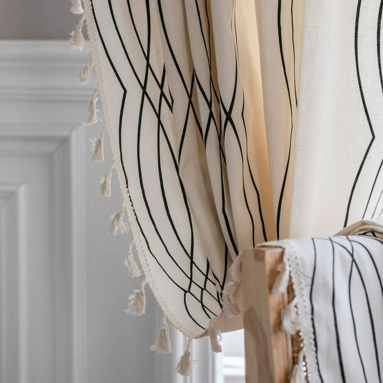 TURKIO White Linen Living Room Curtains Semi Blackout Stripe Curtain Panel with Tassels,52"x63"in... | Walmart (US)