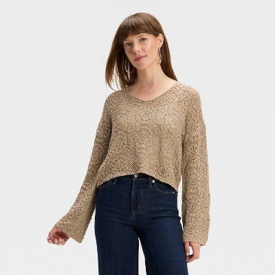 Women's Open Stitch V-Neck Pullover Sweater - Universal Thread™ Tan S | Target