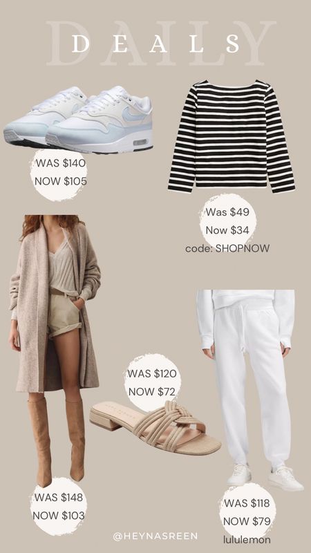 Daily deals on Nike sneakers, J.Crew top, Anthropologie sweater, March Fischer sandals, lululemon joggers 