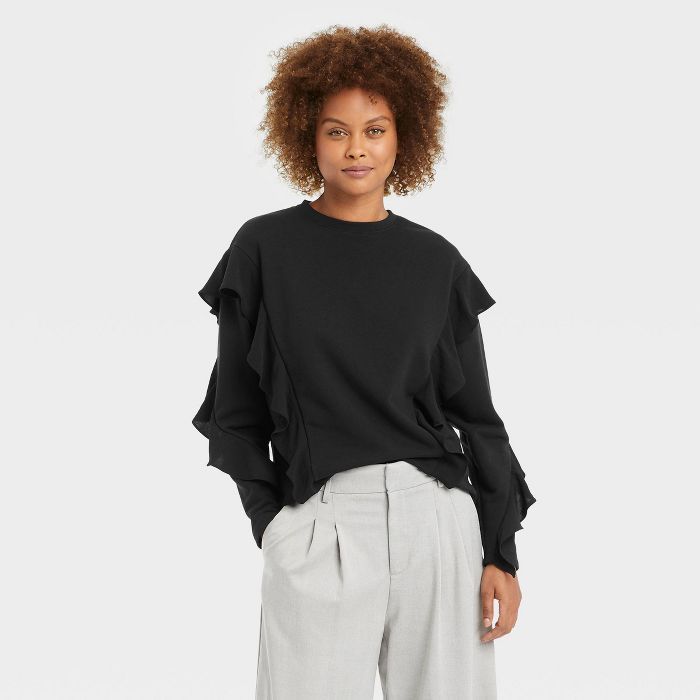 Women&#39;s Ruffle Sweatshirt - A New Day&#8482; Black S | Target