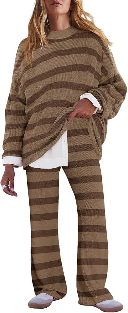 LAMISSCHE Oversized Womens Lounge Set Striped Sweater Set Long Sleeve 2 Piece Pajama Set Top and ... | Amazon (US)