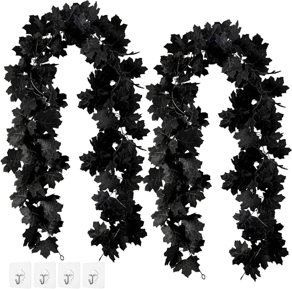 Black Maple Leaf Garland, 2PCS Halloween Artificial Hanging Fall Leave Vines, Fall Floral Garland... | Amazon (US)