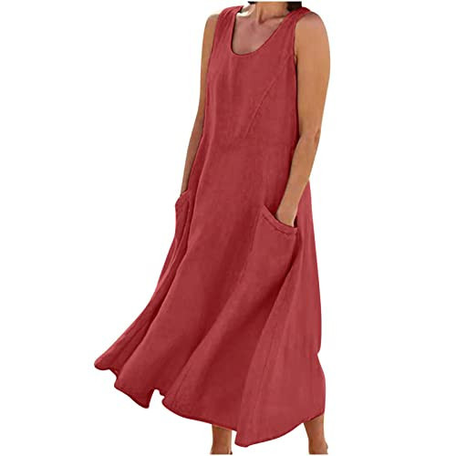 Cotton Linen Dresses for Women 2026 Sleeveless Crew Neck Summer Maxi Dress with Pockets Flowy Boho Beach Sundress Red Plus Size Spring Dresses M | Amazon (US)