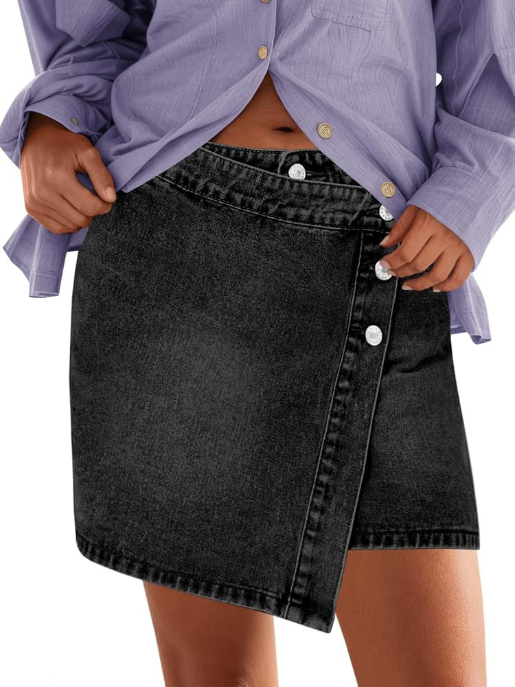 Cicy Bell Womens Jean Skirts Casual Wrap Button Asymmetrical Hem Summer Denim Mini Skirt | Amazon (US)