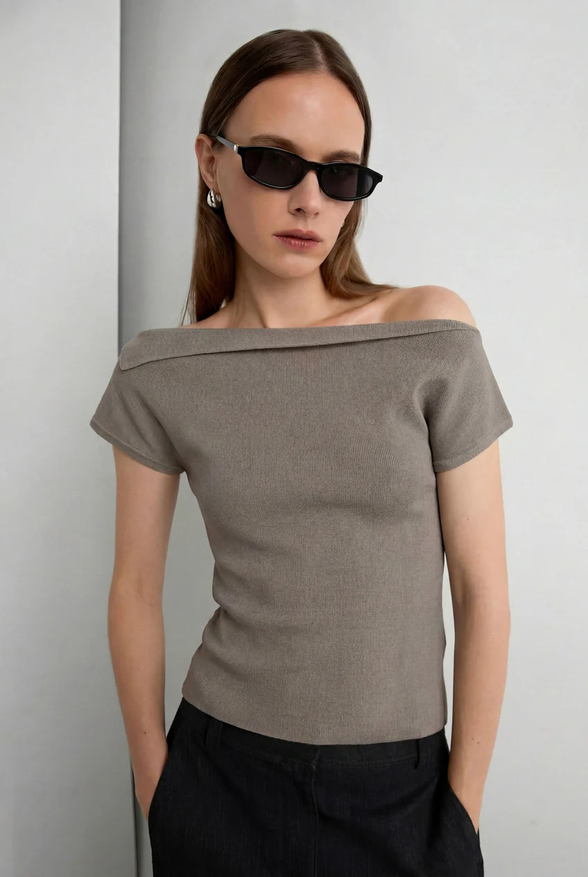 ASYMMETRICAL OFF THE SHOULDER CAP SLEEVE SWEATER | OAK + FORT