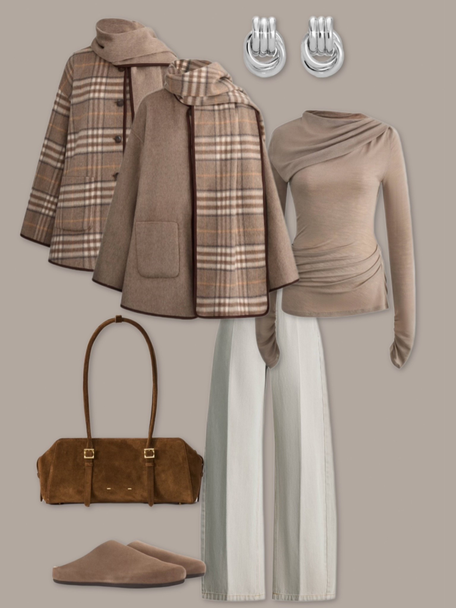 Autumn outfit - reversible scarf coat - grey wide leg jeans - asymmetric top - jeans and a nice top - suede clog mules - east west brown suede bag - CHARLOTTE20 for a discount 

#LTKwinter #LTKautumn #LTKuk