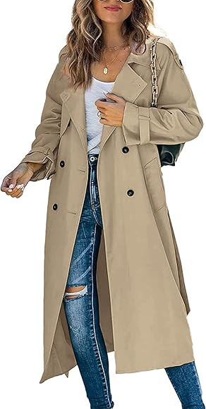 Winkinlin Women Double Breasted Long Trench Coat, Classic Lapel Long Autumn Jacket Windproof Overcoa | Amazon (UK)